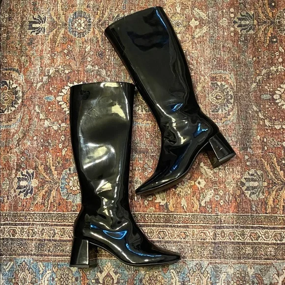 SVEGAN Black Patent Faux Leather Knee-High Boots. Block Heel. Size 38. Size Zip. - Picture 3 of 12